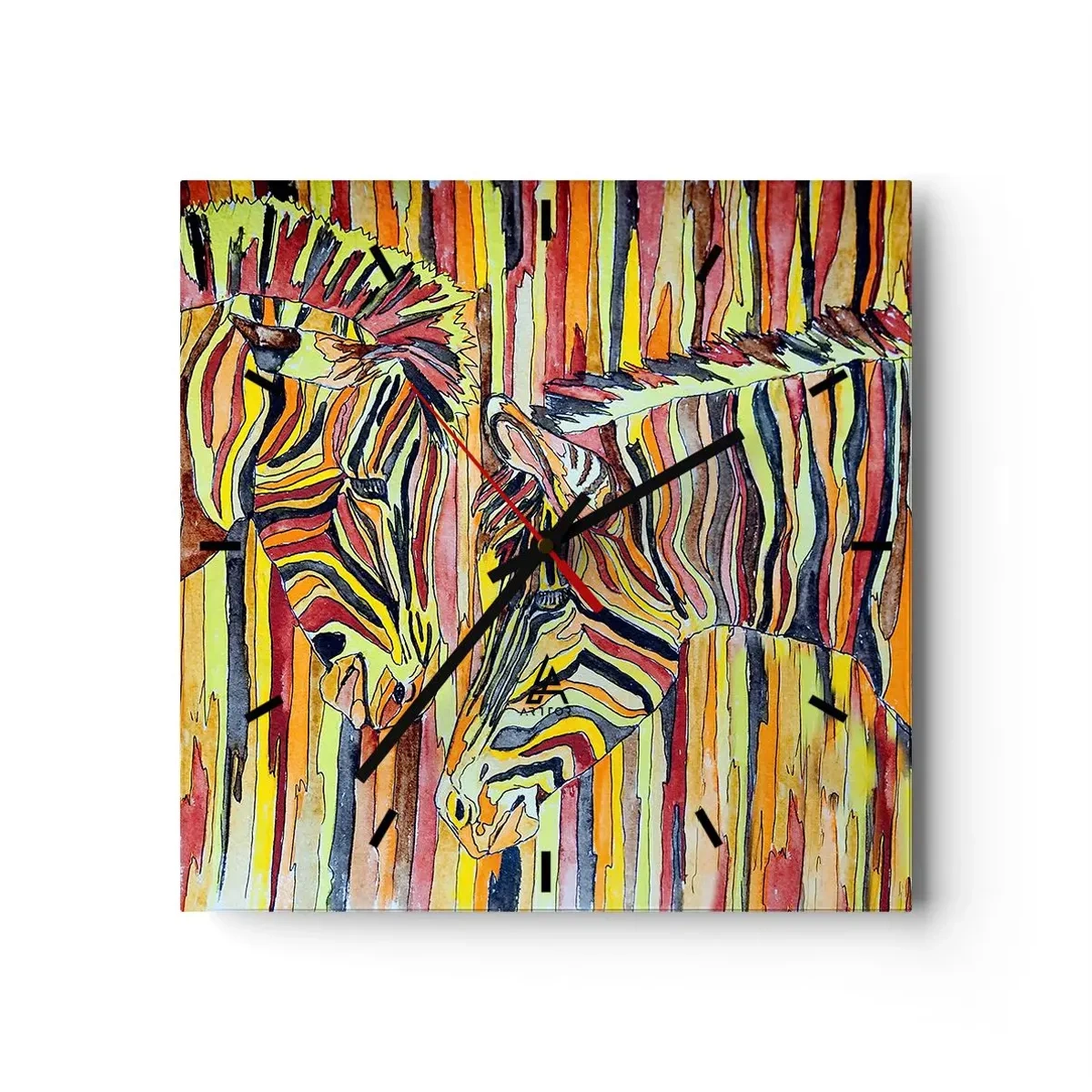 Reloj de pared - Reloj de vidrio - Cebras coloridas sobre un fondo de rayas abstractas - 30x30cm - Y tú también... - Decoración de pared moderna para salón y dormitorio ARTTOR