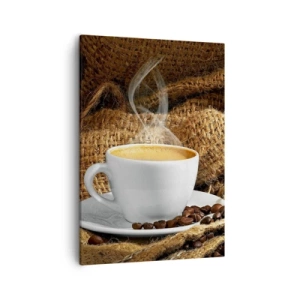 Cuadro sobre lienzo - Impresión de Imagen - Una taza de café rodeada de una bolsa de granos de café. - 50x70cm - Olor a moca y densidad del líquido meloso - Decoración de pared moderna para salón y dormitorio ARTTOR
