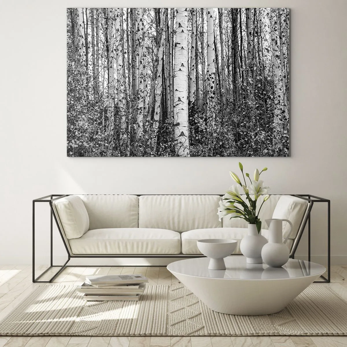 Cuadro sobre vidrio - Impresiones sobre Vidrio - Los abedules blancos y negros crean un denso paisaje forestal. - 100x70cm - Columnas de abedules - Decoración de pared moderna para salón y dormitorio ARTTOR