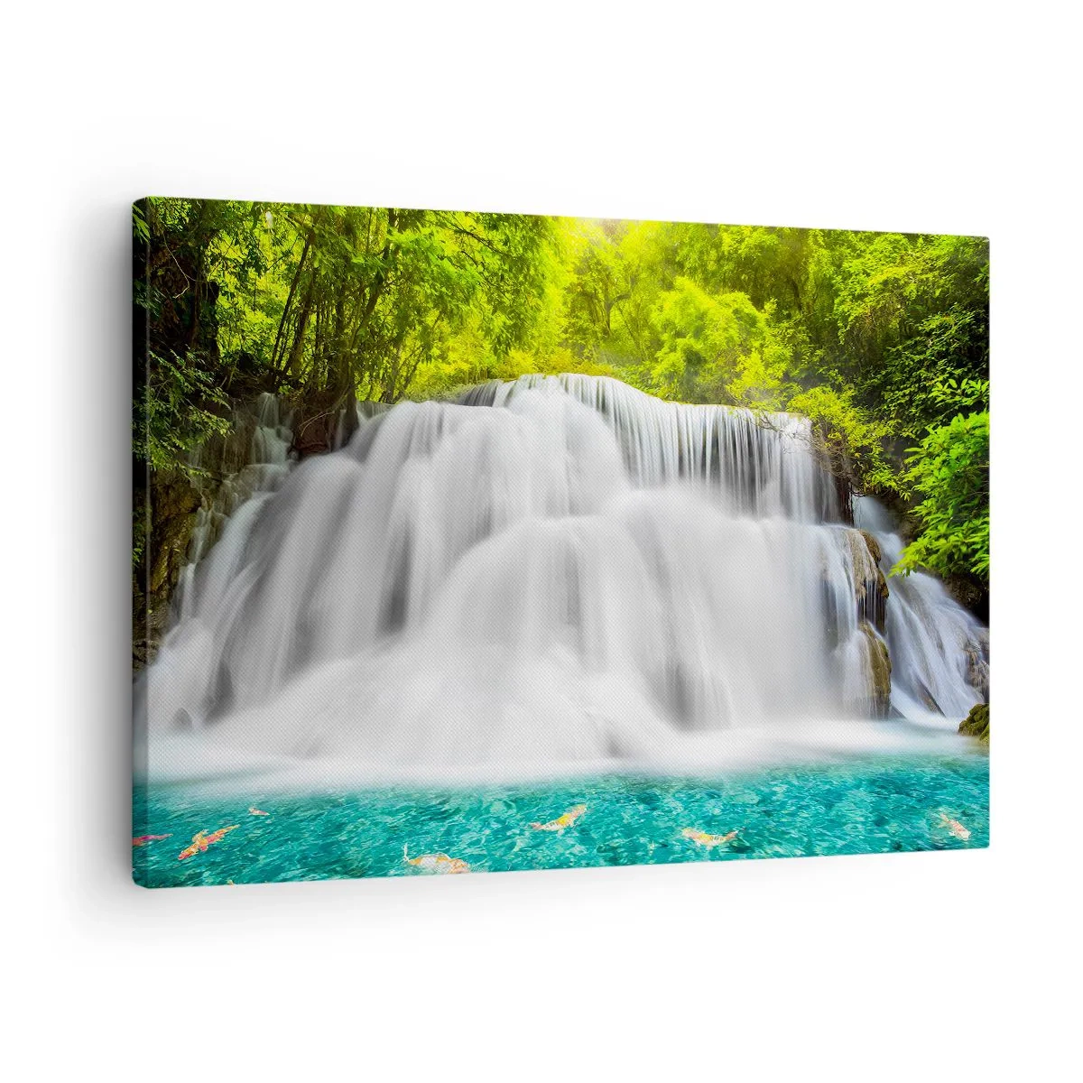 Cuadro sobre lienzo - Impresión de Imagen - Una cascada en un bosque tropical con agua turquesa. - 70x50cm - Cascada espumosa, de verde a azul - Decoración de pared moderna para salón y dormitorio ARTTOR