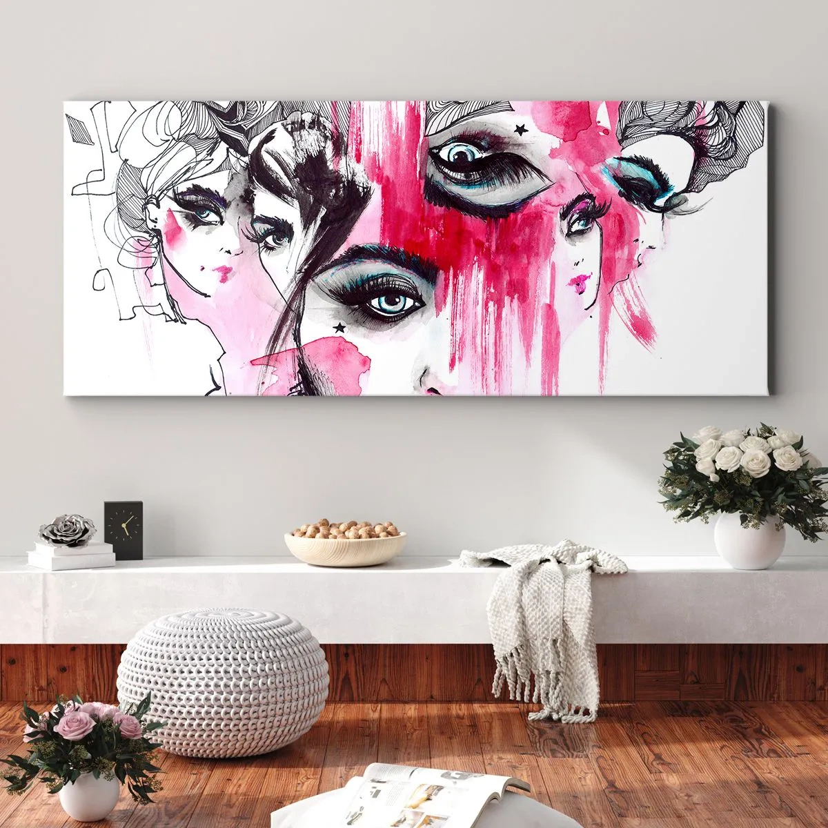 Cuadro sobre lienzo - Impresión de Imagen - Rostro abstracto en tonos rosa y negro. - 140x50cm - Ojos abstractos - Decoración de pared moderna para salón y dormitorio ARTTOR