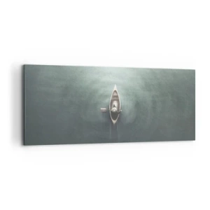 Cuadro sobre lienzo - Impresión de Imagen - Un barco solitario en aguas tranquilas en un entorno minimalista. - 120x50cm - A través de un lago iluminado por la luna - Decoración de pared moderna para salón y dormitorio ARTTOR