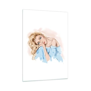Cuadro sobre vidrio - Impresiones sobre Vidrio - Retrato de una rubia con un vestido azul y mirada pensativa. - 50x70cm - Soñar en azul - Decoración de pared moderna para salón y dormitorio ARTTOR