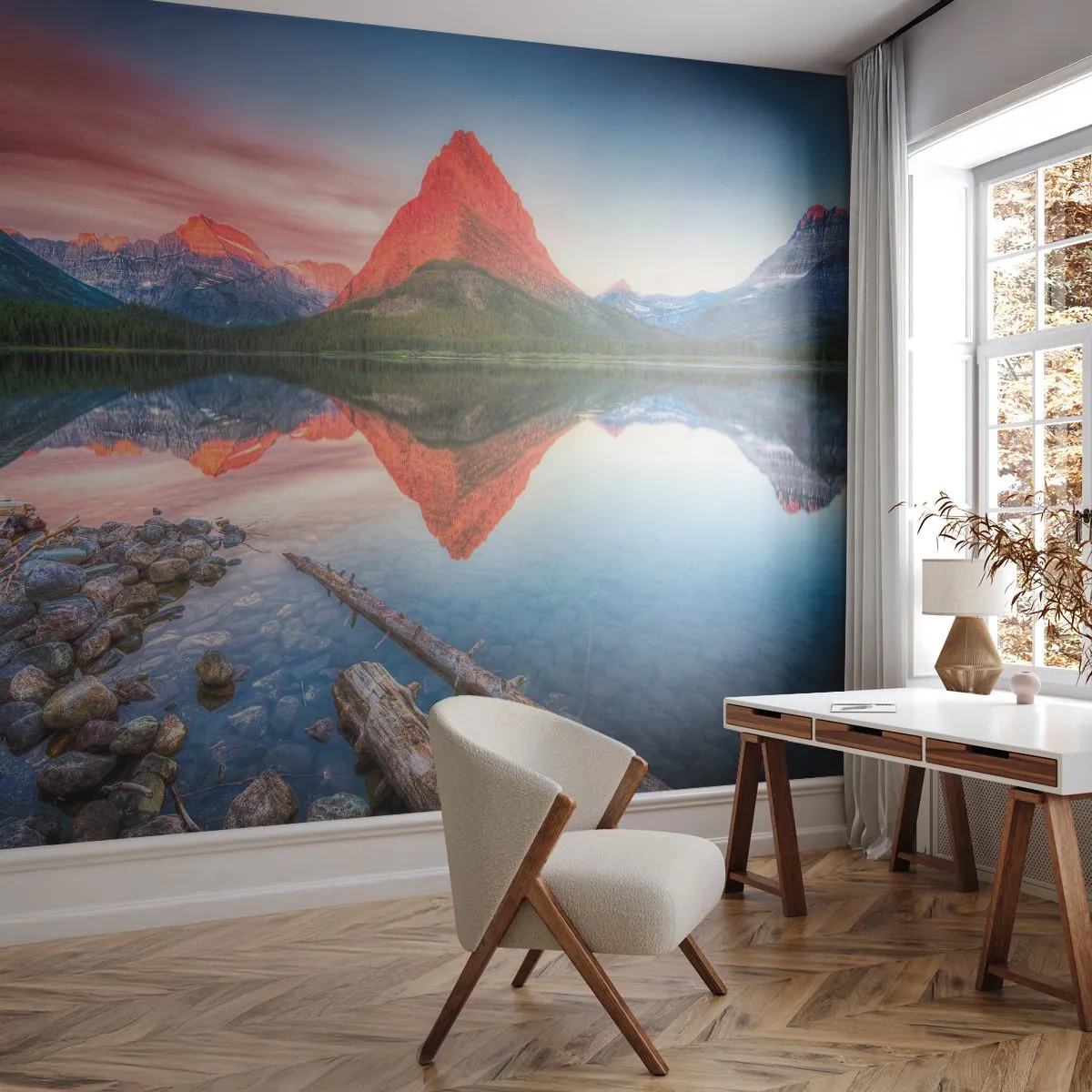 Fotomural Premium Sand - Paisaje de montaña con reflejo en el lago. - 100x70cm - Cálido y frío - Decoración de pared moderna para salón y dormitorio ARTTOR