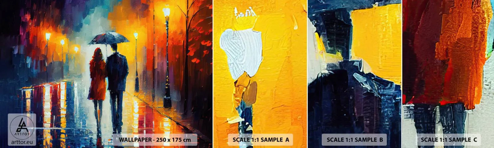 Muestra de fotomural autoadhesivo Deluxe Sticker - Juntos en una noche llena de color - Pareja, Romántico, Caminar - 100x30 cm