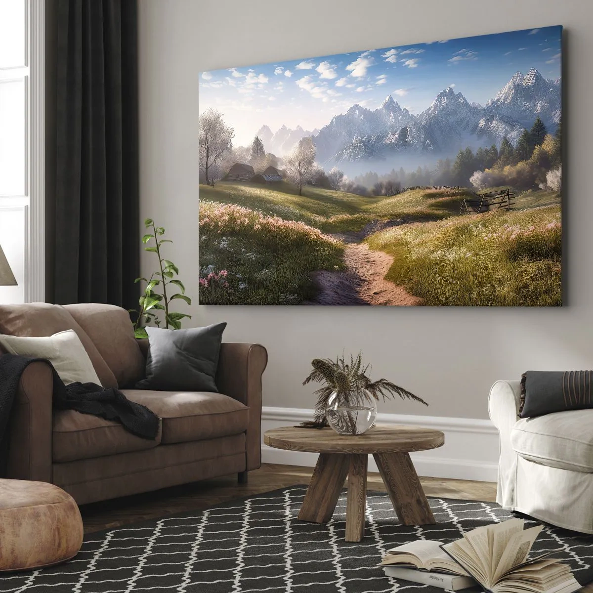 Cuadro sobre lienzo - Impresión de Imagen - Un valle de montaña con prados, cabañas y vistas a los picos. - 70x50cm - Valle idílico - Decoración de pared moderna para salón y dormitorio ARTTOR