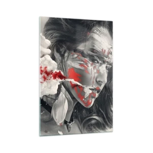 Cuadro sobre vidrio - Impresiones sobre Vidrio - Retrato artístico de una mujer con acentos rojos abstractos. - 70x100cm - En los humos del absurdo - Decoración de pared moderna para salón y dormitorio ARTTOR