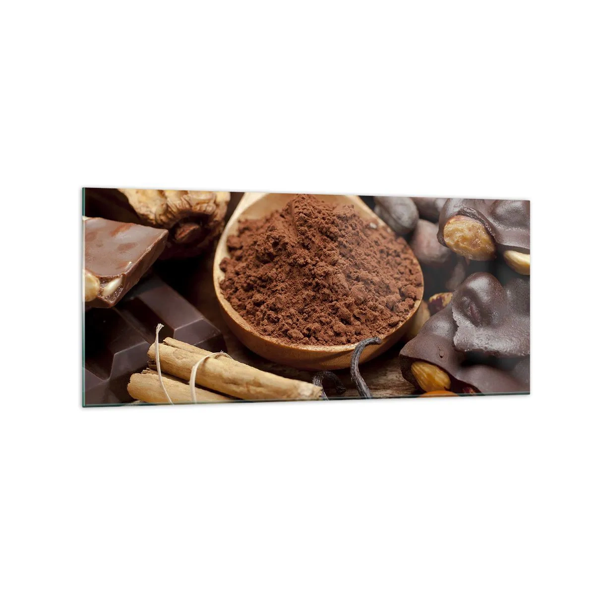 Cuadro sobre vidrio - Impresiones sobre Vidrio - Una cucharada de ingredientes de cacao y chocolate en un arreglo rústico. - 120x50cm - Lo mejor para las penas - Decoración de pared moderna para salón y dormitorio ARTTOR