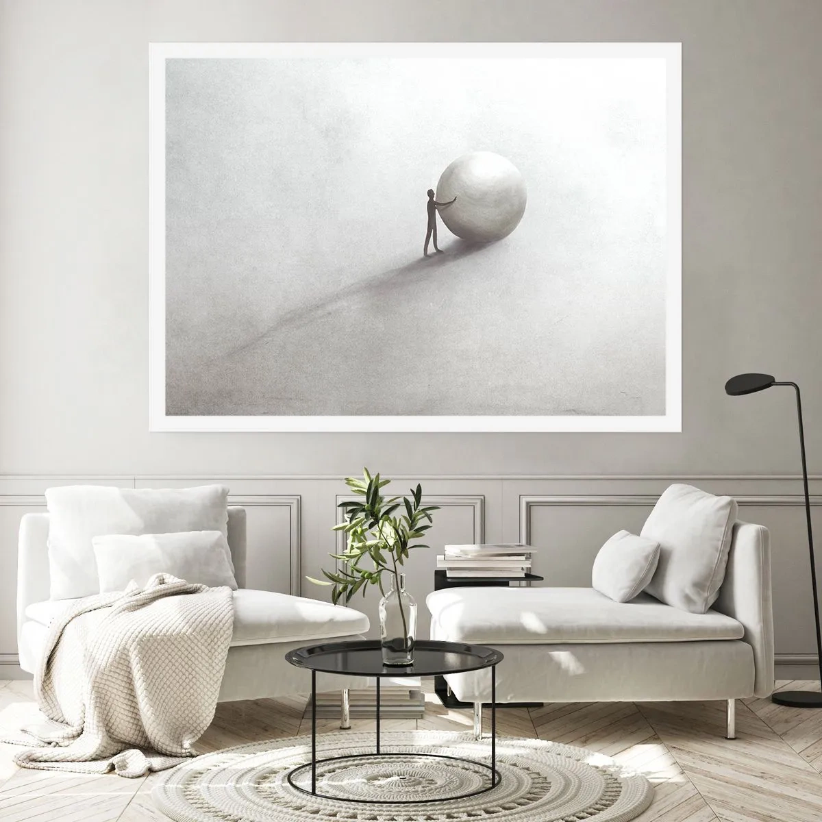 Póster - Una figura minimalista con una pelota sobre un fondo claro y monocromático. - 100x70cm - El juego de la vida - Decoración de pared moderna para salón y dormitorio ARTTOR