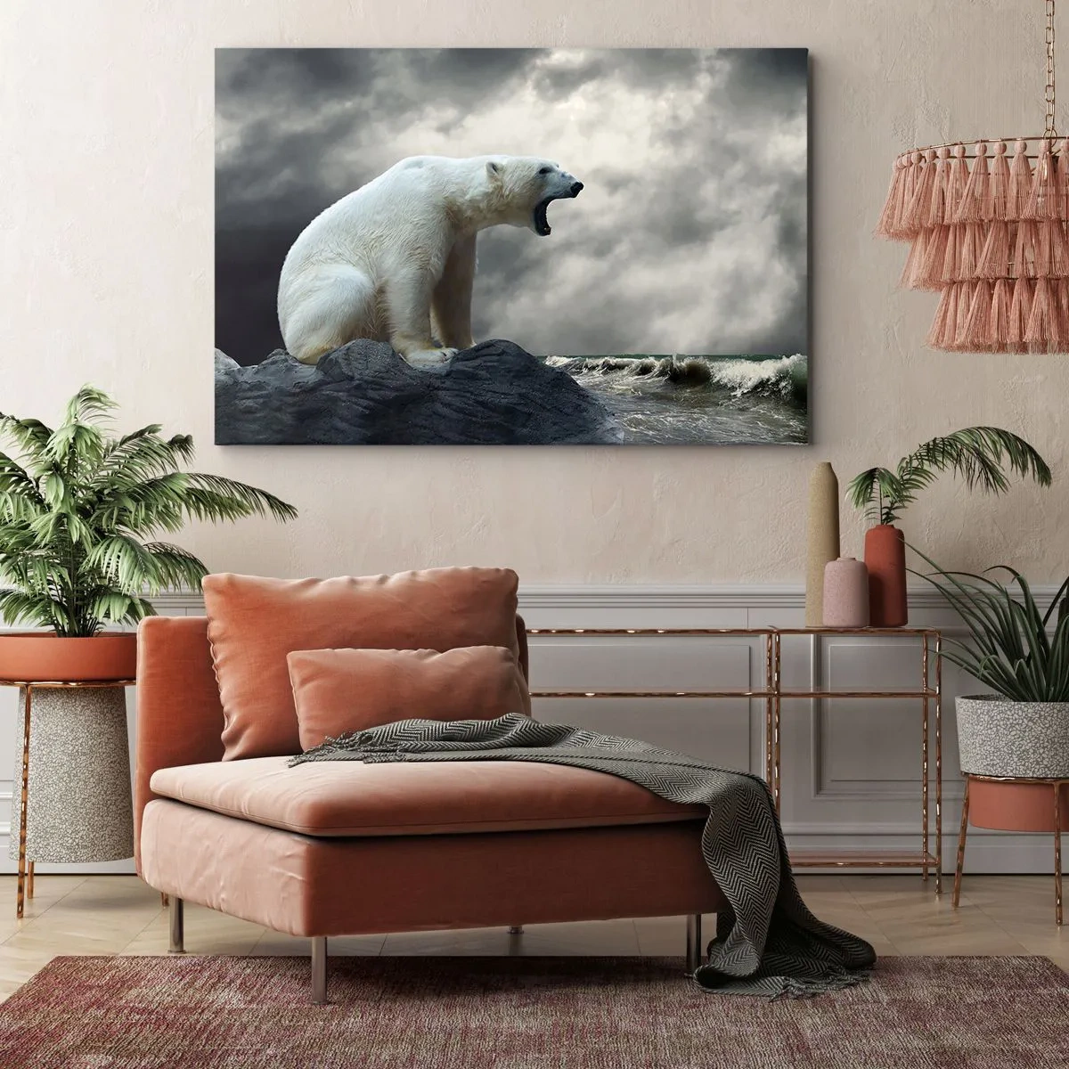 Cuadro sobre lienzo - Impresión de Imagen - Un oso polar en las rocas sobre un mar tempestuoso. - 70x50cm - El solitario rey del Ártico - Decoración de pared moderna para salón y dormitorio ARTTOR