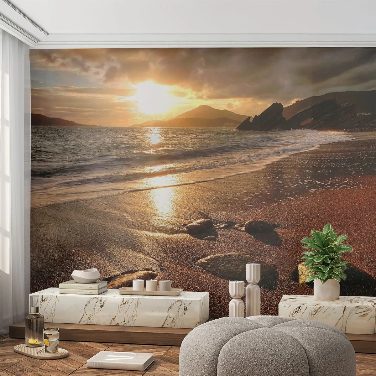 Fotomural Premium Canvas - Playa al atardecer con piedras en la orilla - 100x70cm - Sigue el sol hacia las colinas - Decoración de pared moderna para salón y dormitorio ARTTOR