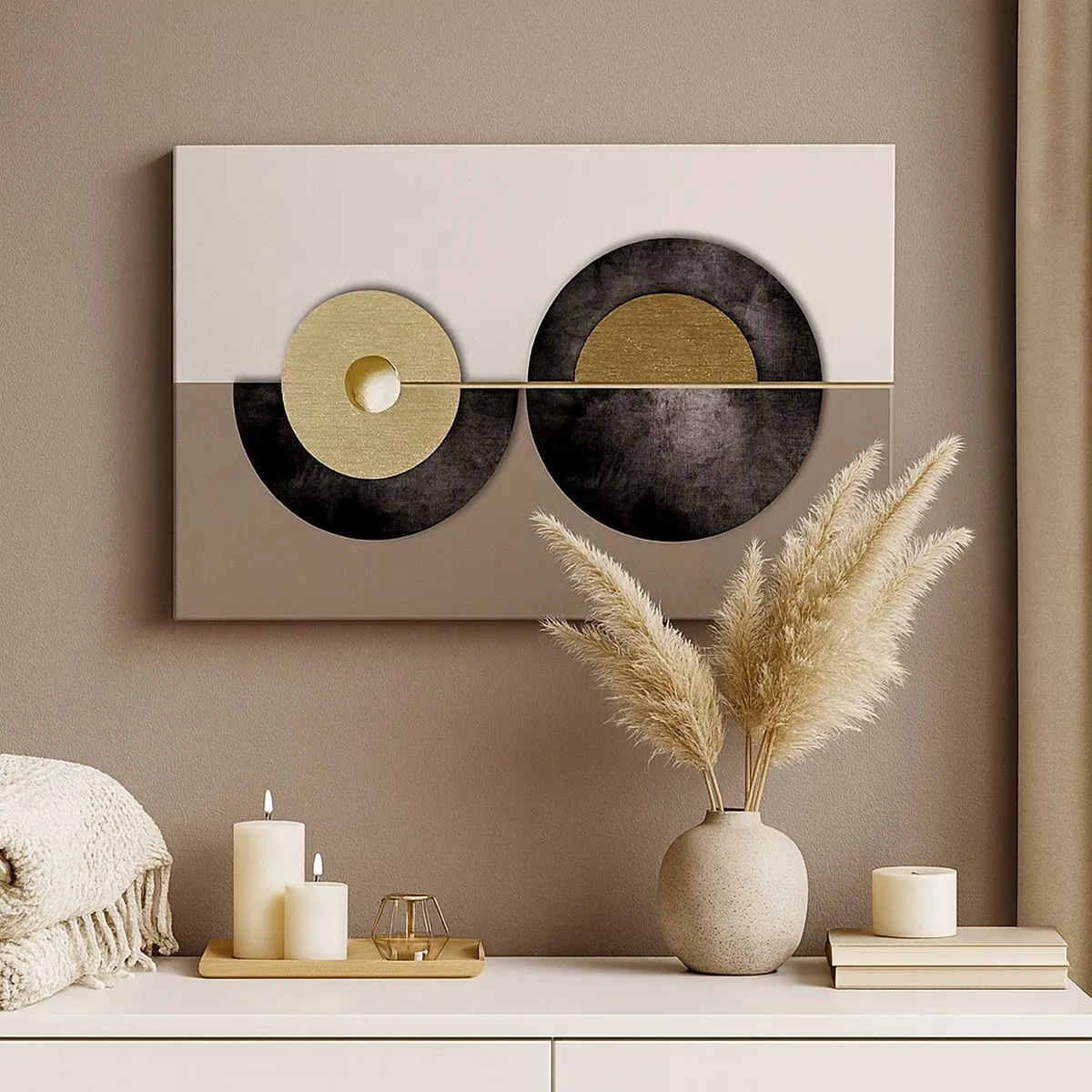 Cuadro sobre lienzo - Impresión de Imagen - Círculos abstractos en tonos dorados y marrones. - 70x50cm - Variaciones en torno a un círculo - Decoración de pared moderna para salón y dormitorio ARTTOR