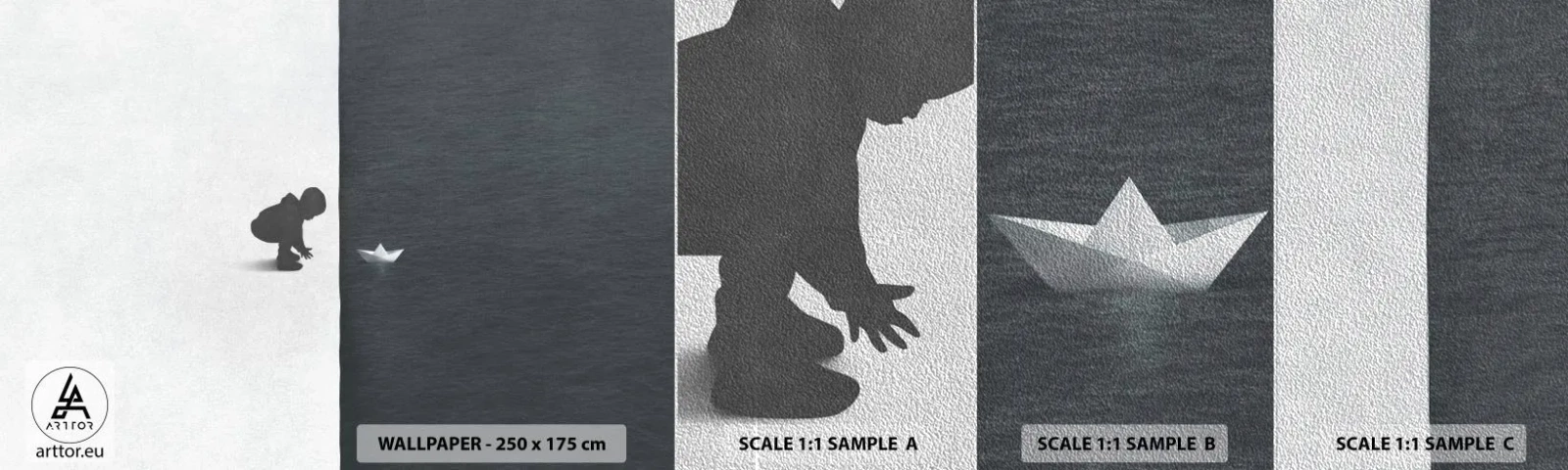 Muestra de fotomural Premium Sand - Una gran expedición náutica - Niño, En blanco y negro, Agua - 100x30 cm