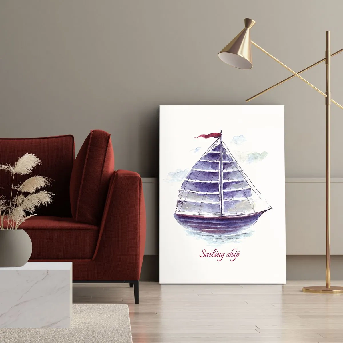 Cuadro sobre lienzo - Impresión de Imagen - Una pintura de acuarela de un velero en el agua con una delicada inscripción. - 50x70cm - Velas izadas y aguas tranquilas - Decoración de pared moderna para salón y dormitorio ARTTOR