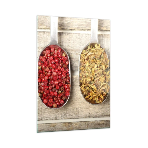 Cuadro sobre vidrio - Impresiones sobre Vidrio - Tres cucharas con especias sobre un fondo de madera rústica. - 50x70cm - La magia de la cocina - Decoración de pared moderna para salón y dormitorio ARTTOR