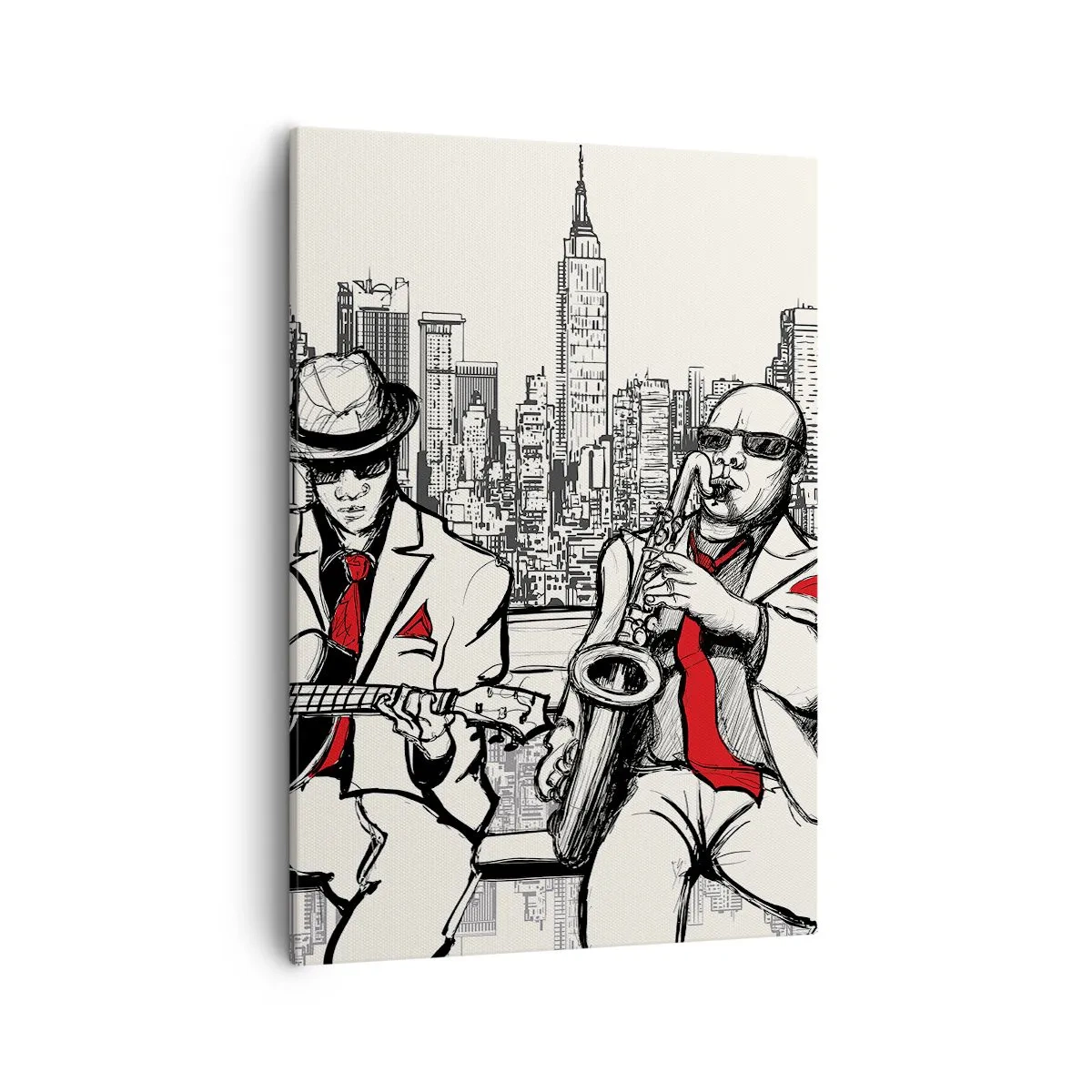 Cuadro sobre lienzo - Impresión de Imagen - Un dúo de jazz con saxofón y guitarra con la ciudad como telón de fondo. - 50x70cm - Improvisación en Nueva York - Decoración de pared moderna para salón y dormitorio ARTTOR