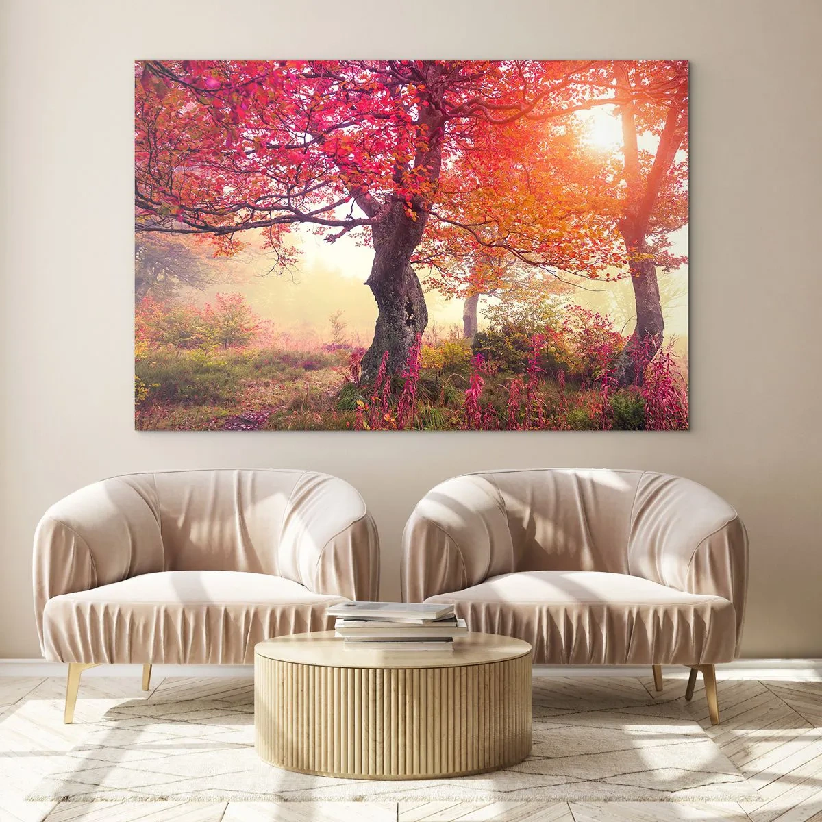 Cuadro sobre vidrio - Impresiones sobre Vidrio - Bosque otoñal con rayos de sol por la mañana. - 100x70cm - Un frenesí de floración - Decoración de pared moderna para salón y dormitorio ARTTOR