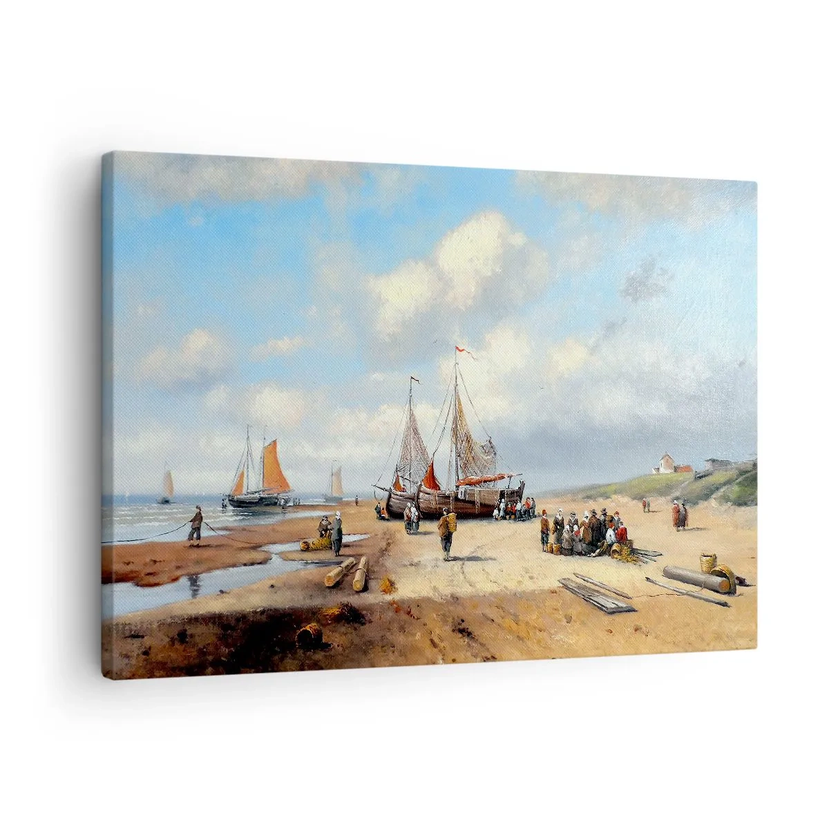 Cuadro sobre lienzo - Impresión de Imagen - Barcos de pesca en la playa con figuras humanas - 70x50cm - Después de una pesca exitosa - Decoración de pared moderna para salón y dormitorio ARTTOR