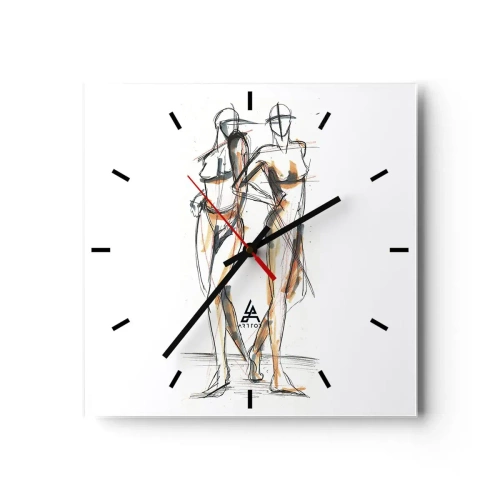 Reloj de pared - Reloj de vidrio - Boceto artístico de dos siluetas sobre un fondo blanco. - 30x30cm - Un estudio sobre el encanto - Decoración de pared moderna para salón y dormitorio ARTTOR