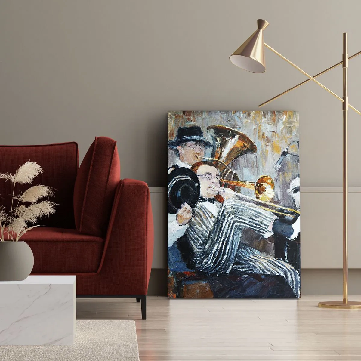 Cuadro sobre lienzo - Impresión de Imagen - Músicos de jazz en estilo pictórico durante un concierto. - 50x70cm - Todo ese jazz - Decoración de pared moderna para salón y dormitorio ARTTOR
