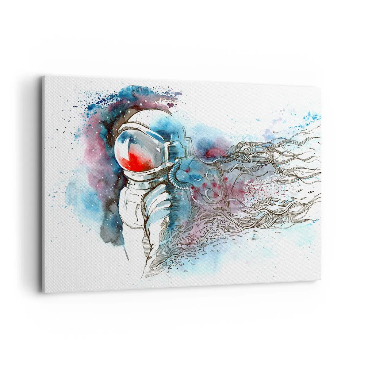 Cuadro sobre lienzo - Impresión de Imagen - Un cosmonauta en una acuarela dinámica con detalles cósmicos. - 100x70cm - A solas con el cosmos - Decoración de pared moderna para salón y dormitorio ARTTOR
