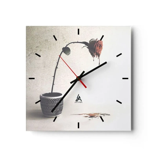 Reloj de pared - Reloj de vidrio - Una rosa roja en una maceta con gotas de tinte sobre un fondo blanco. - 30x30cm - Rosa dolorosa - Decoración de pared moderna para salón y dormitorio ARTTOR