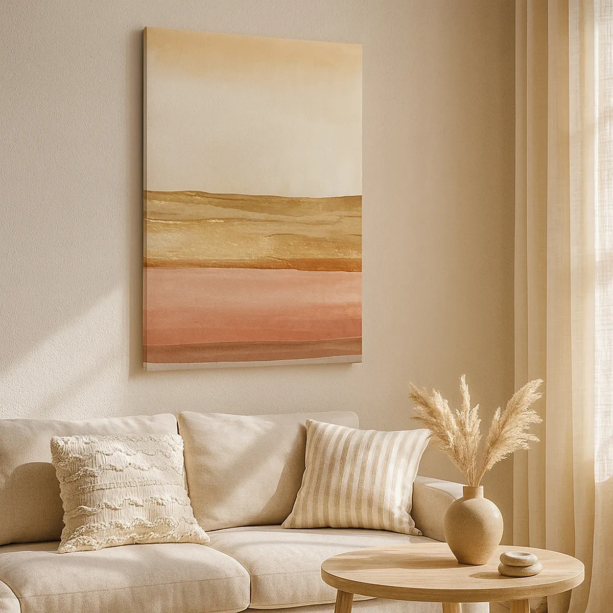 Cuadro sobre lienzo - Impresión de Imagen - Rayas abstractas en tonos beige, dorado y rosa sobre lienzo. - 50x70cm - Composición vertical - Decoración de pared moderna para salón y dormitorio ARTTOR
