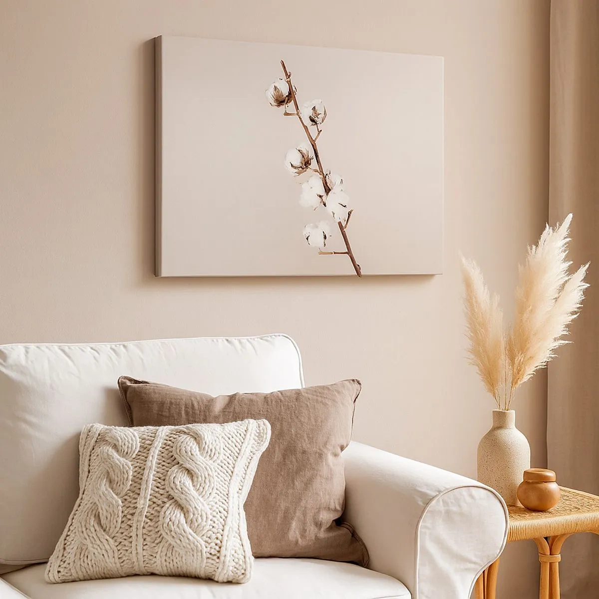 Cuadro sobre lienzo - Impresión de Imagen - Una ramita de algodón sobre un fondo beige. - 70x50cm - En la fuente de la suavidad - Decoración de pared moderna para salón y dormitorio ARTTOR