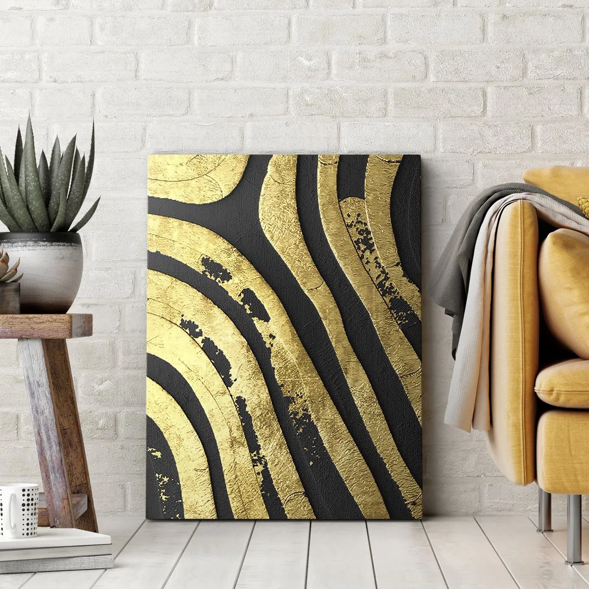 Cuadro sobre lienzo - Impresión de Imagen - Ondas abstractas doradas sobre un fondo negro - 50x70cm - Todo fluye - Decoración de pared moderna para salón y dormitorio ARTTOR