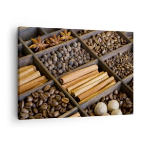 Cuadro sobre lienzo - Impresión de Imagen - Especias y café en compartimentos de madera. - 70x50cm - Un tesoro de aromas - Decoración de pared moderna para salón y dormitorio ARTTOR