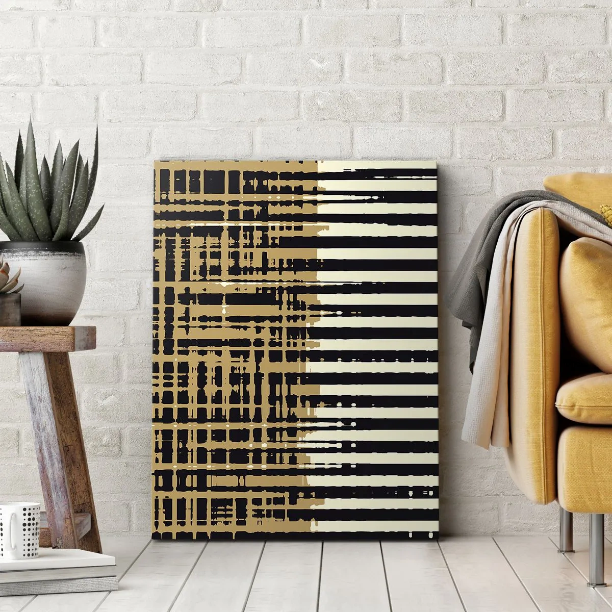 Cuadro sobre lienzo - Impresión de Imagen - Líneas abstractas en negro, beige y blanco. - 50x70cm - Abstracción arquitectónica - Decoración de pared moderna para salón y dormitorio ARTTOR