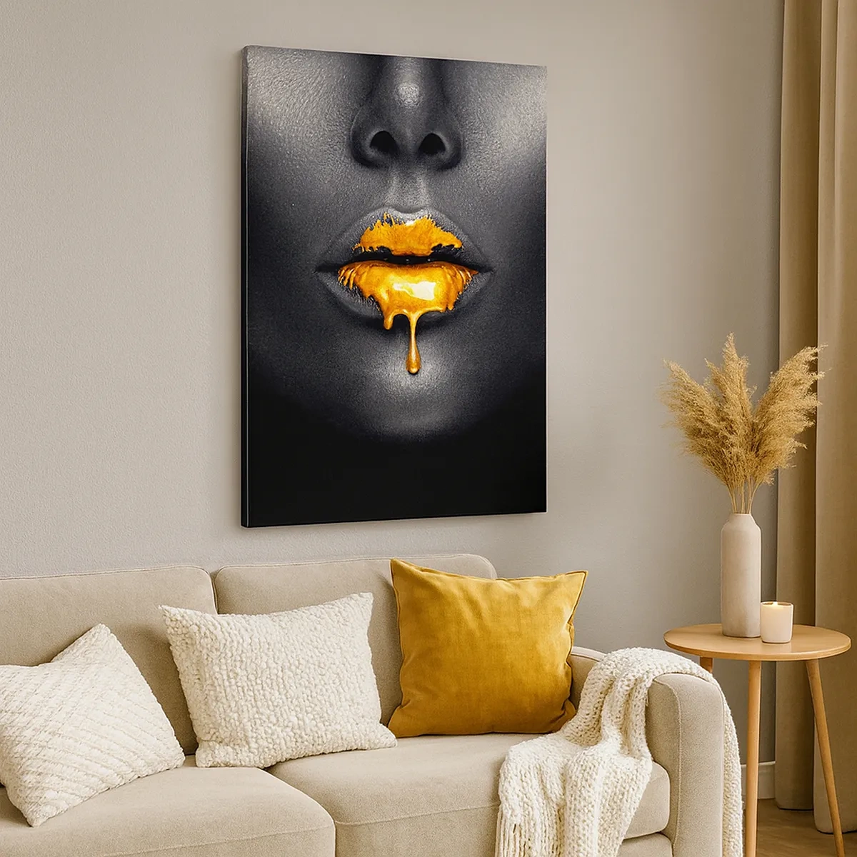 Cuadro sobre lienzo - Impresión de Imagen - Retrato en negro y dorado de una mujer con una gota de oro en los labios. - 50x70cm - Labios de oro - Decoración de pared moderna para salón y dormitorio ARTTOR