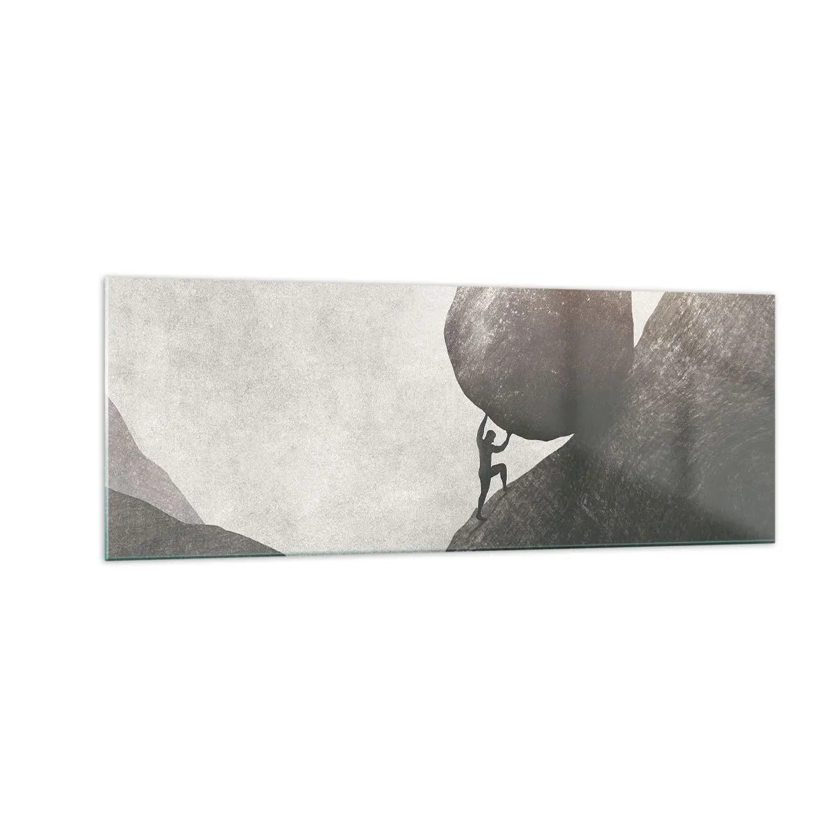 Cuadro sobre vidrio - Impresiones sobre Vidrio - Un hombre trepando una enorme roca por una colina. - 140x50cm - Creo, contra toda esperanza - Decoración de pared moderna para salón y dormitorio ARTTOR