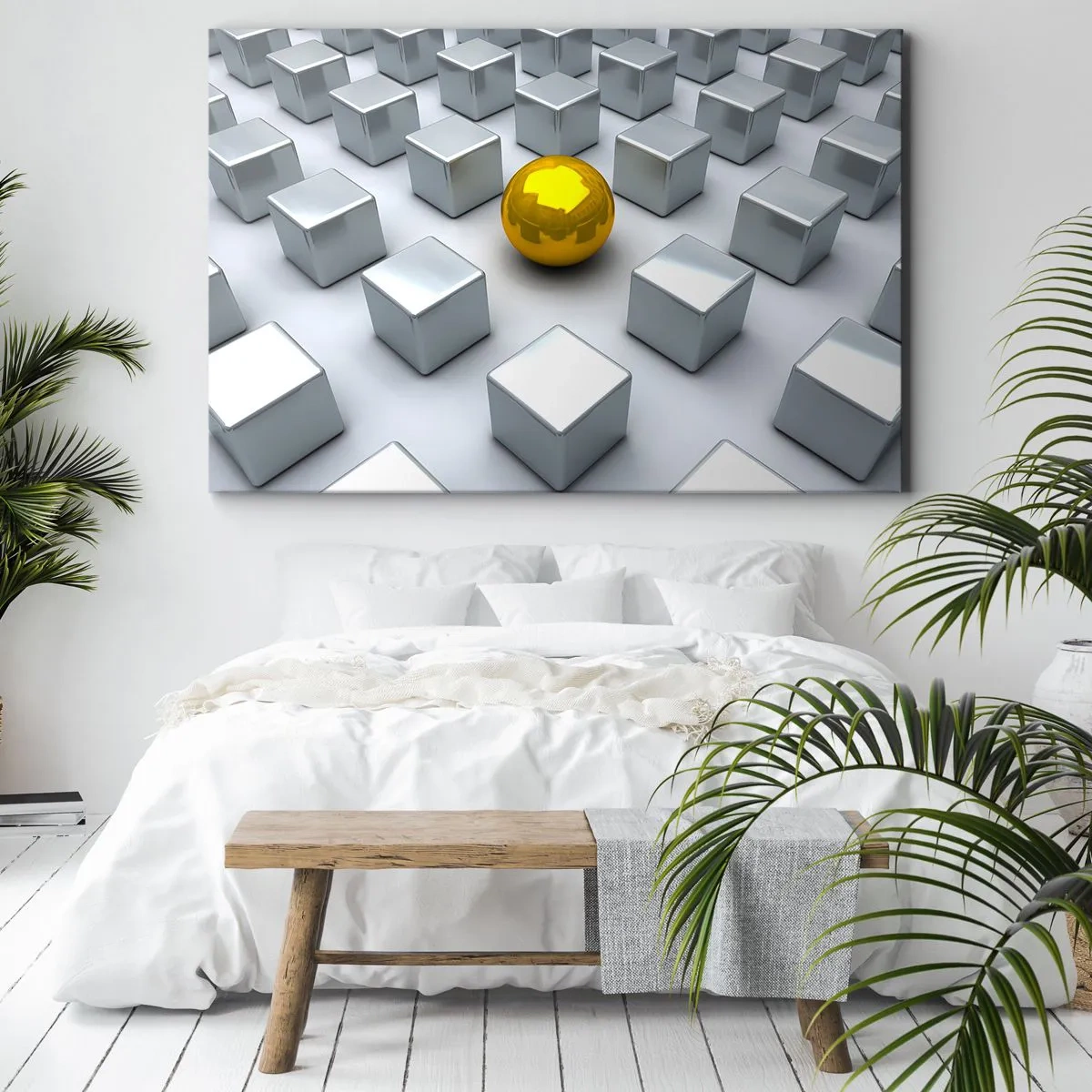 Cuadro sobre lienzo - Impresión de Imagen - Una esfera dorada que destaca entre los cubos plateados. - 70x50cm - ¿Por qué yo? Composición geométrica - Decoración de pared moderna para salón y dormitorio ARTTOR