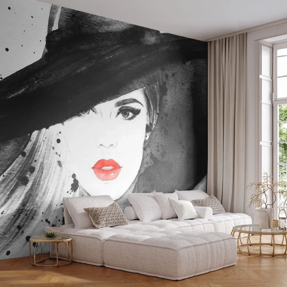 Fotomural Premium Sand - Dama de negro - Mujer, cara de mujer, retrato de una mujer - 350x256 cm