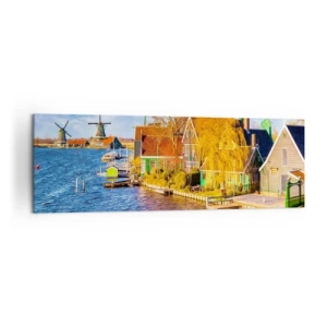 Cuadro sobre lienzo - Impresión de Imagen - Casas pintorescas y molinos de viento junto al agua - 160x50cm - Durante siglos, sin cambios - Decoración de pared moderna para salón y dormitorio ARTTOR