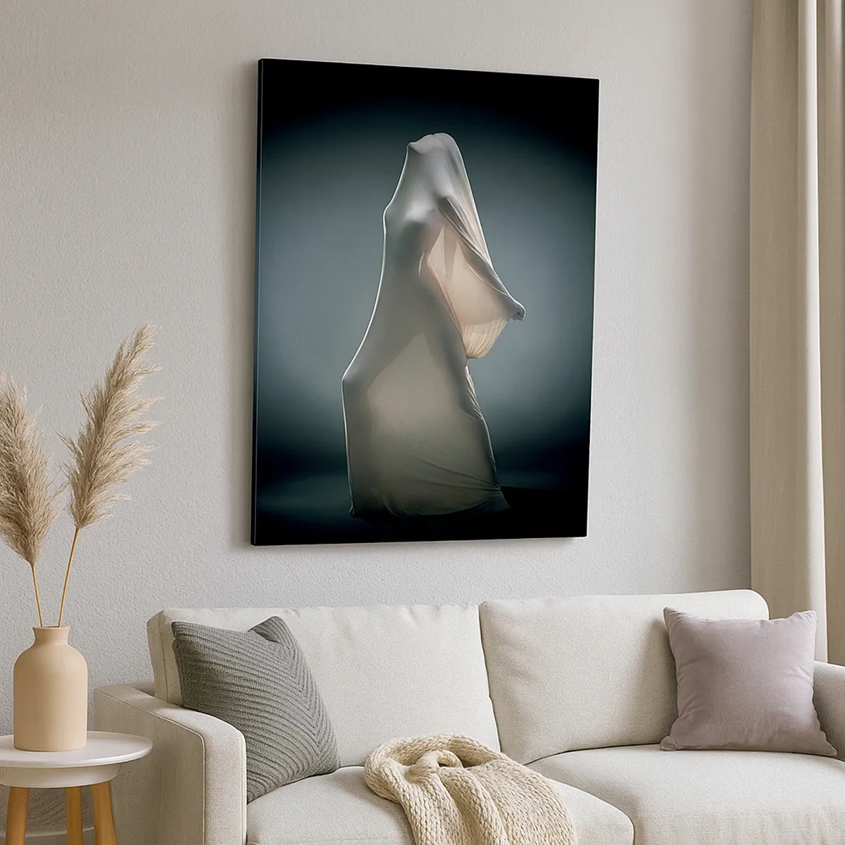 Cuadro sobre lienzo - Impresión de Imagen - Una figura en tela blanca sobre un fondo oscuro. - 50x70cm - Deseos ocultos - Decoración de pared moderna para salón y dormitorio ARTTOR
