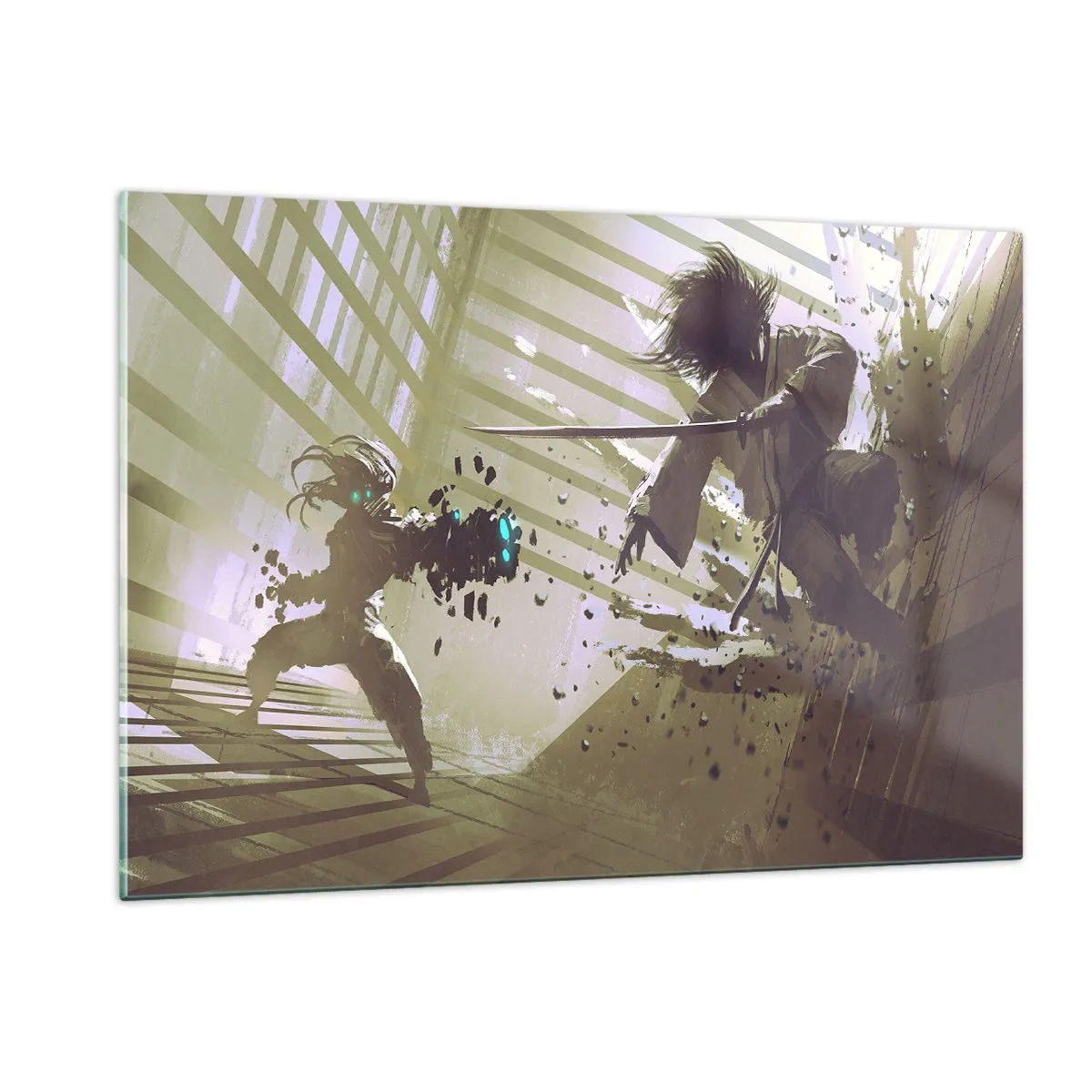Cuadro sobre vidrio - Impresiones sobre Vidrio - Duelo de samuráis en una escena dinámica - 120x80cm - Y puedes ser un samurai - Decoración de pared moderna para salón y dormitorio ARTTOR