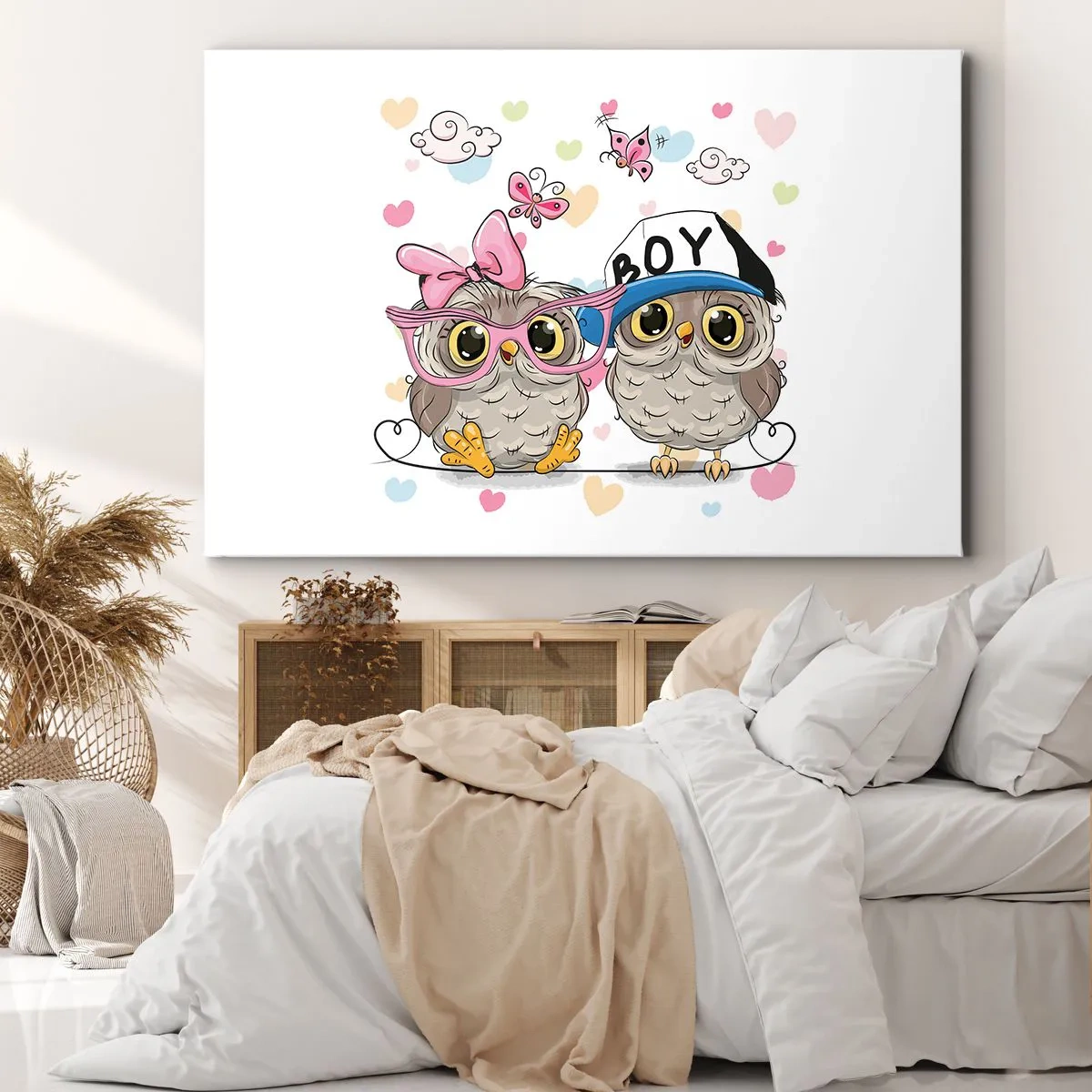 Cuadro sobre lienzo - Impresión de Imagen - Dos adorables búhos rodeados de corazones. - 120x80cm - El amor - Decoración de pared moderna para salón y dormitorio ARTTOR