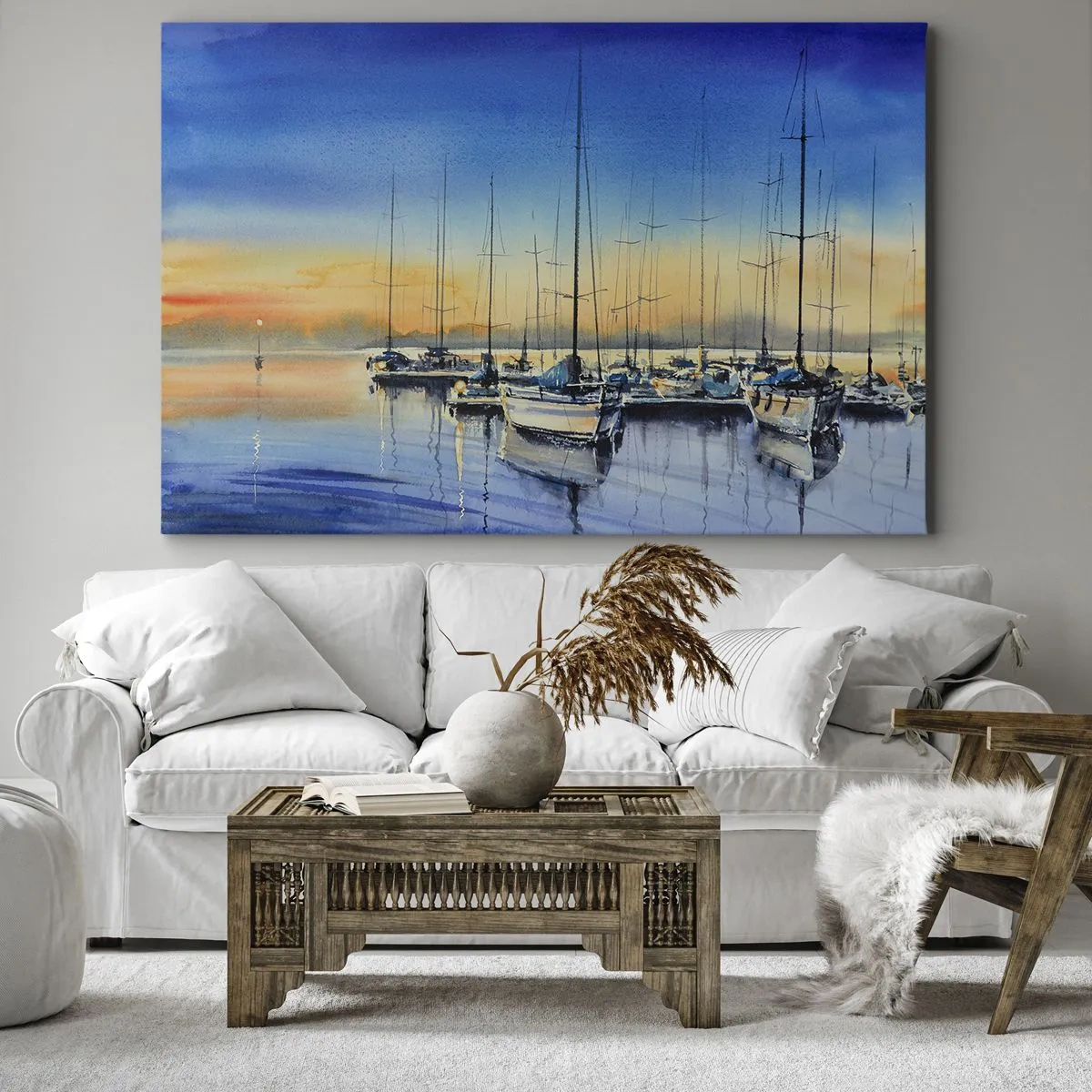 Cuadro sobre lienzo - Impresión de Imagen - Puerto de yates al atardecer con reflejos en el agua - 70x50cm - El final de un buen día - Decoración de pared moderna para salón y dormitorio ARTTOR