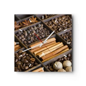 Reloj de pared - Reloj de vidrio - Especias y café en compartimentos de madera. - 30x30cm - Un tesoro de aromas - Decoración de pared moderna para salón y dormitorio ARTTOR