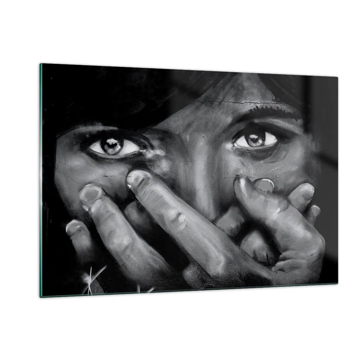 Cuadro sobre vidrio - Impresiones sobre Vidrio - Un retrato en blanco y negro con una mirada emotiva. - 120x80cm - No diré quién lo pintó - Decoración de pared moderna para salón y dormitorio ARTTOR