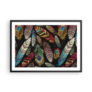Póster en marco negro - Plumas de colores sobre un fondo negro - 70x50cm - Carnaval de las aves - Decoración de pared moderna para salón y dormitorio ARTTOR