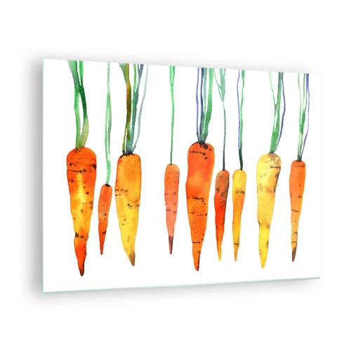 Cuadro sobre vidrio - Impresiones sobre Vidrio - Zanahorias de acuarela en varios tonos de naranja con tallos verdes. - 70x50cm - La belleza de lo ordinario - Decoración de pared moderna para salón y dormitorio ARTTOR