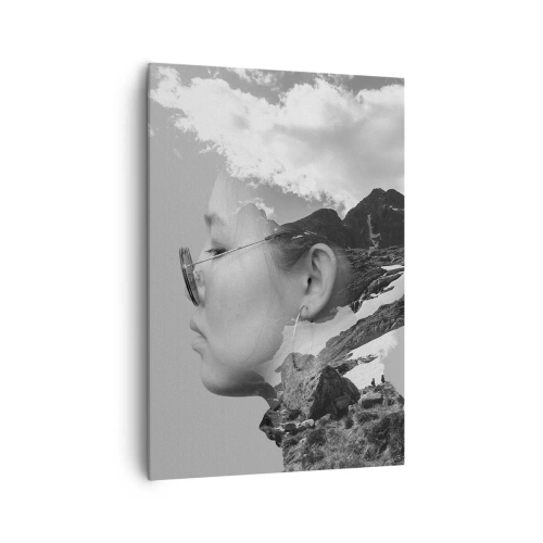 Cuadro sobre lienzo - Impresión de Imagen - Una composición en blanco y negro con la silueta de una mujer y un paisaje de montaña. - 70x100cm - Retrato sobre montañas y nubes - Decoración de pared moderna para salón y dormitorio ARTTOR