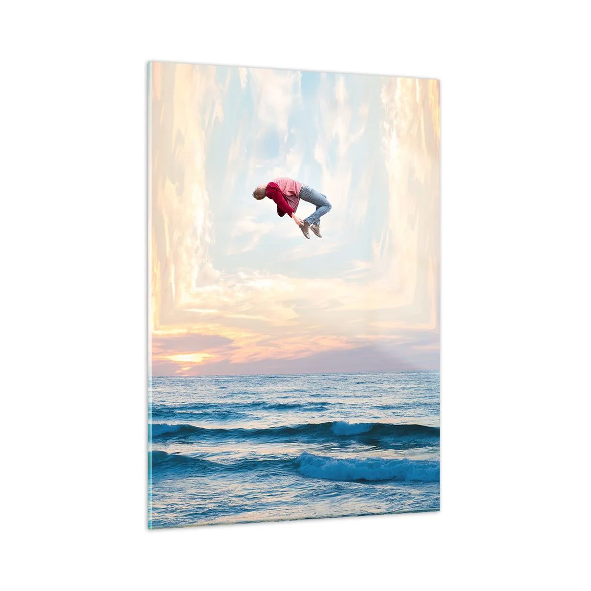 Cuadro sobre vidrio - Impresiones sobre Vidrio - Un hombre saltando sobre el mar en un marco surrealista. - 50x70cm - A otra dimensión - Decoración de pared moderna para salón y dormitorio ARTTOR