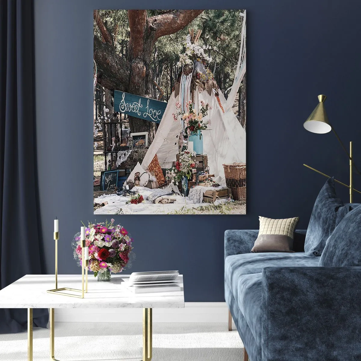 Cuadro sobre vidrio - Impresiones sobre Vidrio - Decoración boho con un tipi en el bosque - 80x120cm - Amor exótico - Decoración de pared moderna para salón y dormitorio ARTTOR