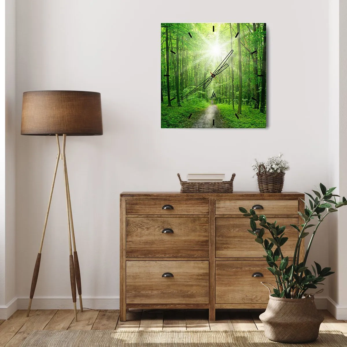 Reloj de pared - Reloj de vidrio - Camino en el bosque con rayos de sol. - 30x30cm - Catedral verde - Decoración de pared moderna para salón y dormitorio ARTTOR