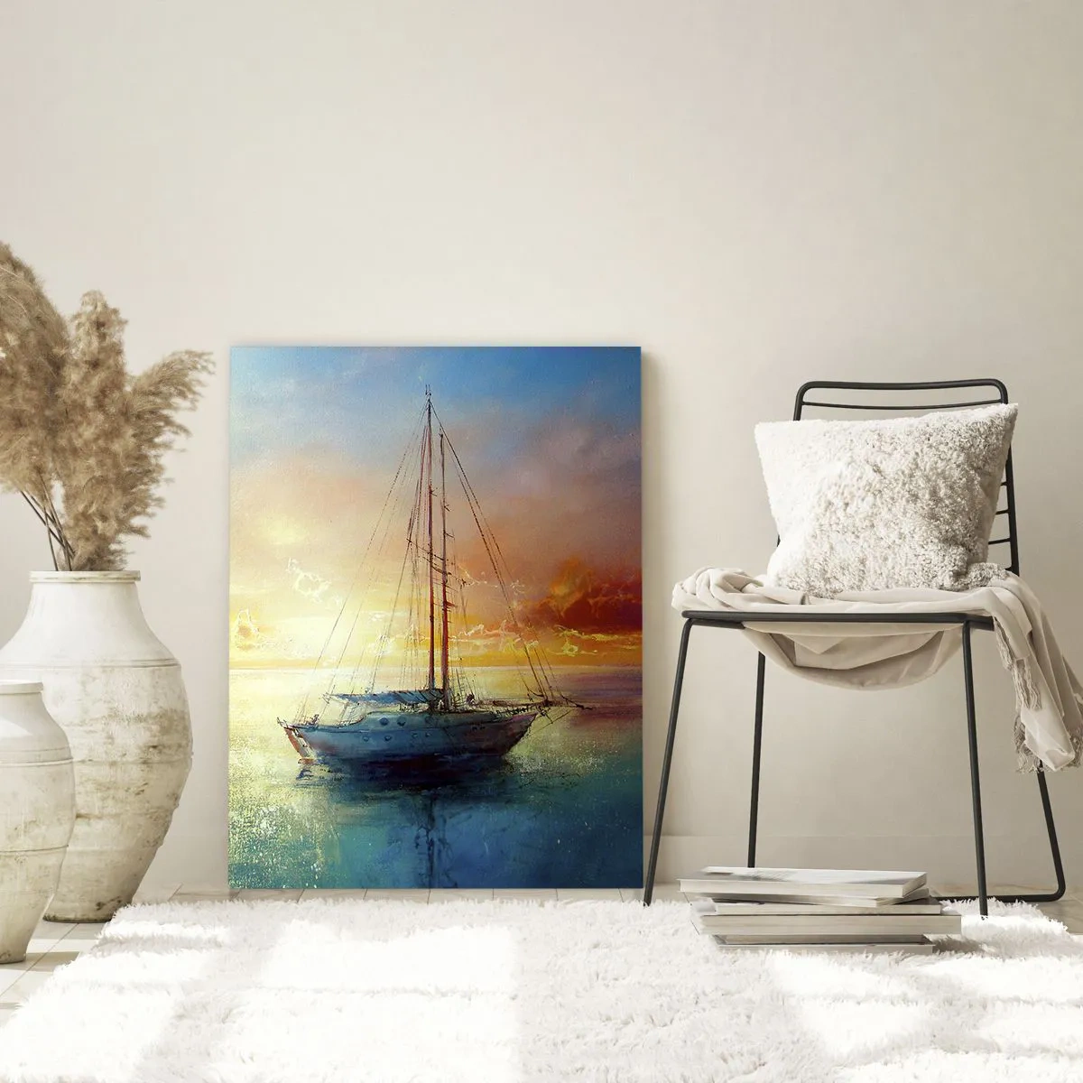 Cuadro sobre vidrio - Impresiones sobre Vidrio - Un yate en un mar tranquilo al atardecer. - 70x100cm - En una bahía dorada - Decoración de pared moderna para salón y dormitorio ARTTOR
