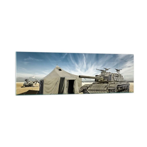 Cuadro sobre vidrio - Impresiones sobre Vidrio - Un tanque junto a una tienda militar en una zona desértica. - 160x50cm - Campaña militar - Decoración de pared moderna para salón y dormitorio ARTTOR
